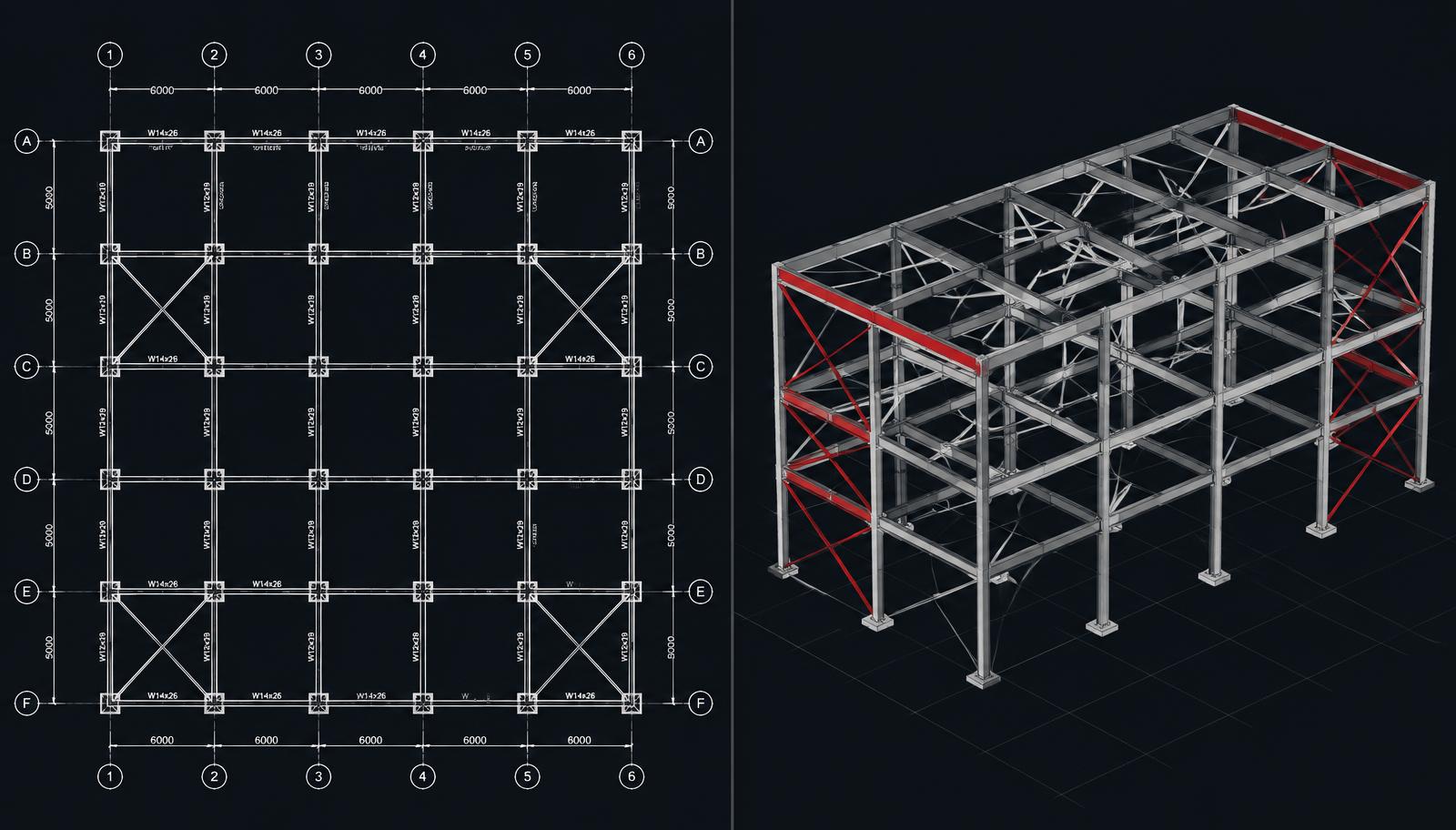 A structural framing plan with grids and member sizes beside the 3D steel frame Extim8 built from it